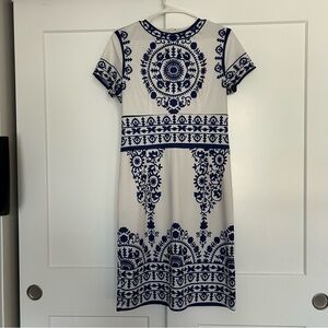 White and Navy Short Sleeve Printed Sheath Dress